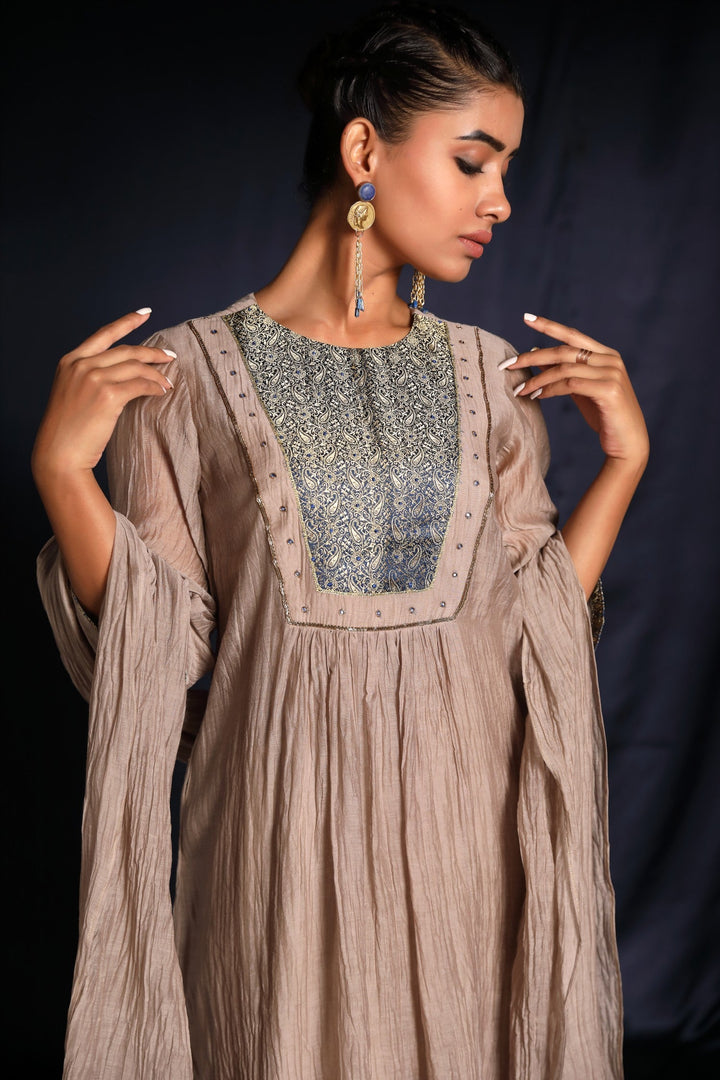 Grey Brocade Patch Work Chanderi Suit Set