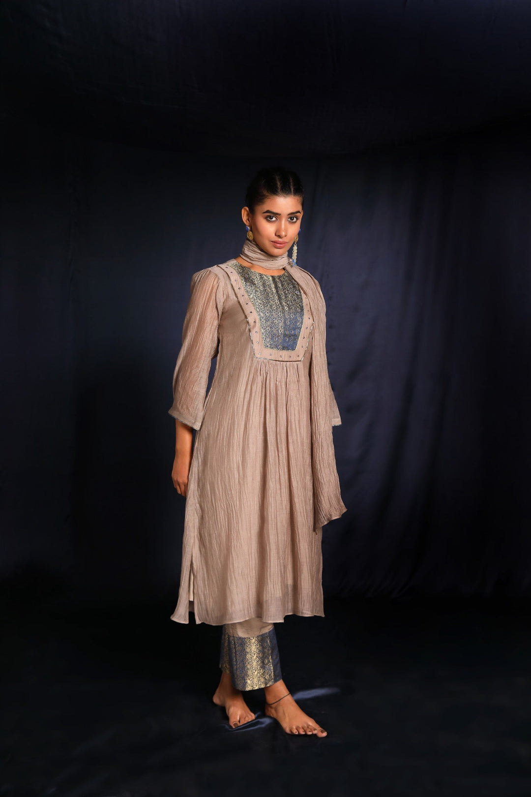 Grey Brocade Patch Work Chanderi Suit Set