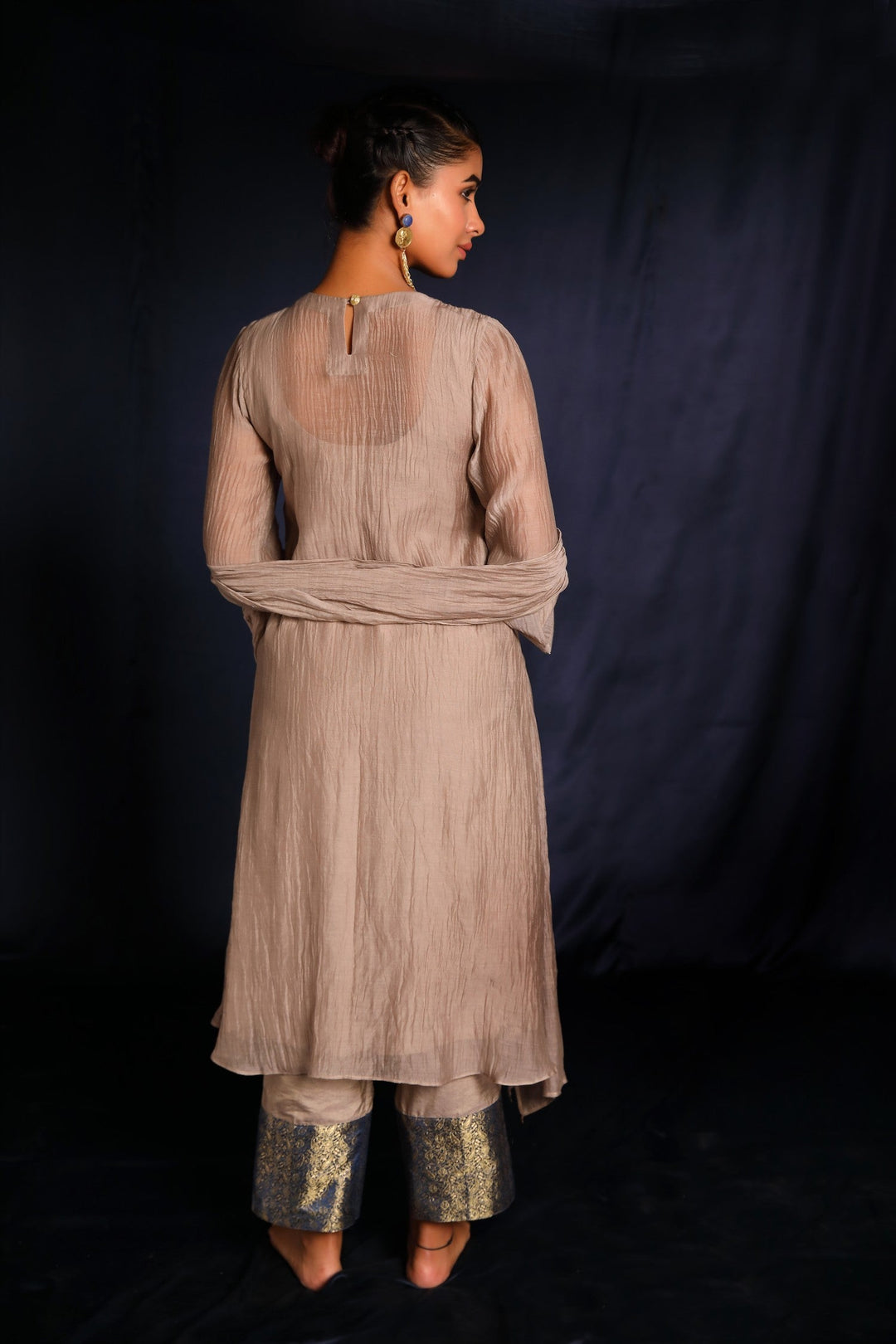 Grey Brocade Patch Work Chanderi Suit Set