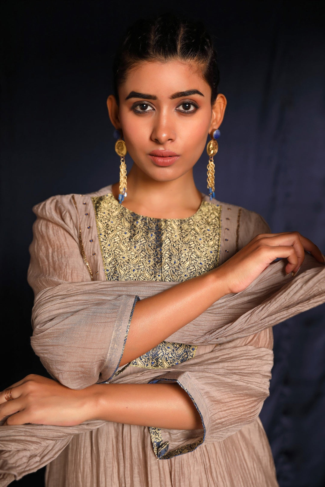 Grey Brocade Patch Work Chanderi Suit Set