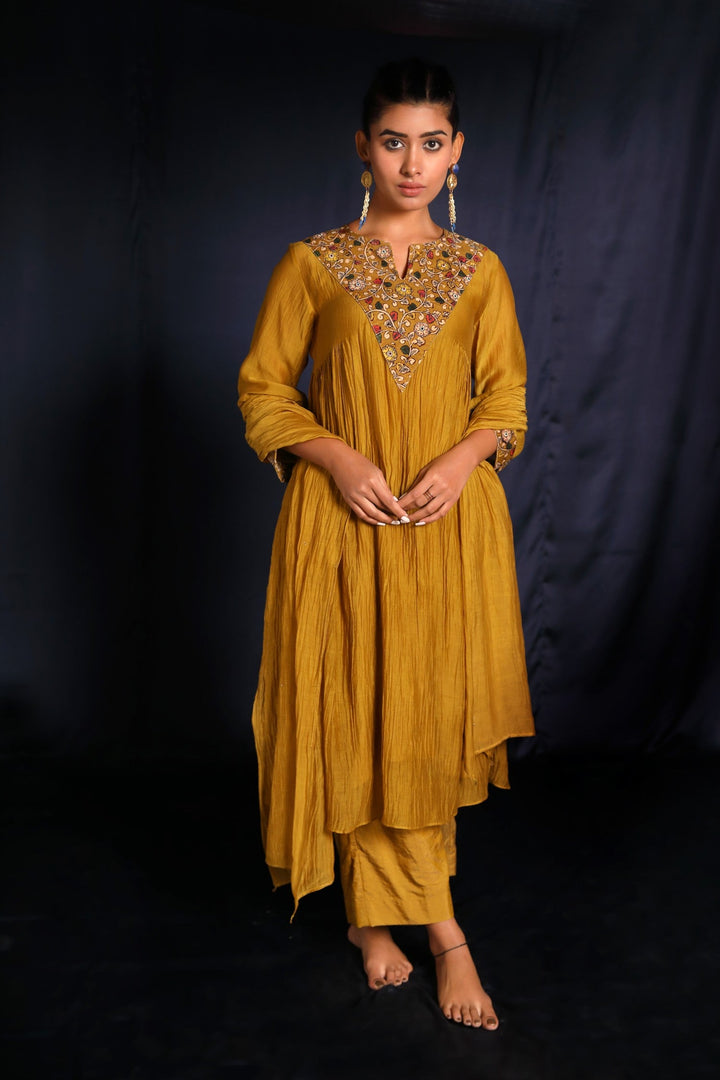 Mustard Hand Embroidered Chanderi Suit Set With Velvet Patch
