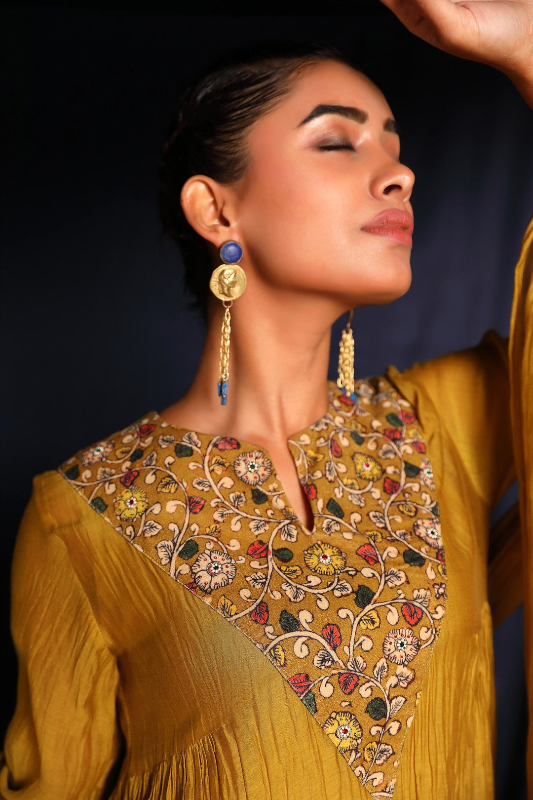 Mustard Hand Embroidered Chanderi Suit Set With Velvet Patch