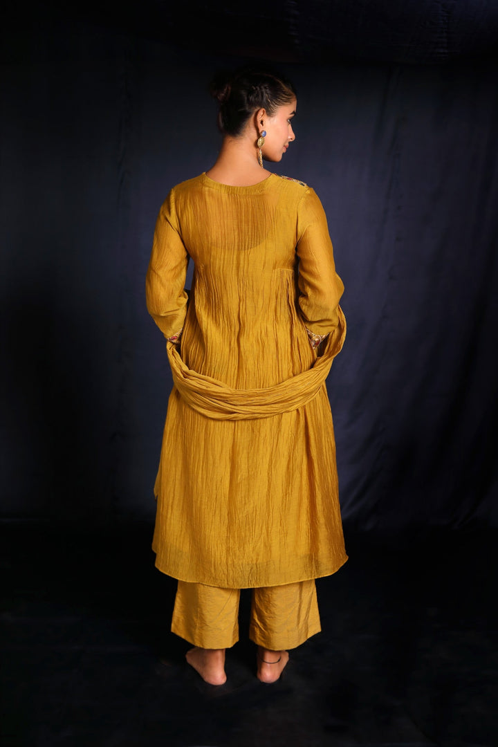 Mustard Hand Embroidered Chanderi Suit Set With Velvet Patch