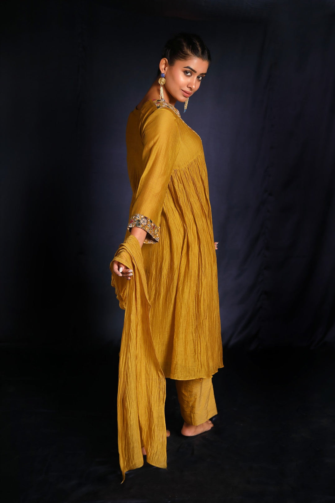 Mustard Hand Embroidered Chanderi Suit Set With Velvet Patch