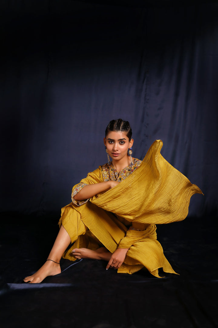 Mustard Hand Embroidered Chanderi Suit Set With Velvet Patch