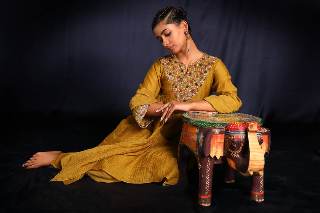 Mustard Hand Embroidered Chanderi Suit Set With Velvet Patch