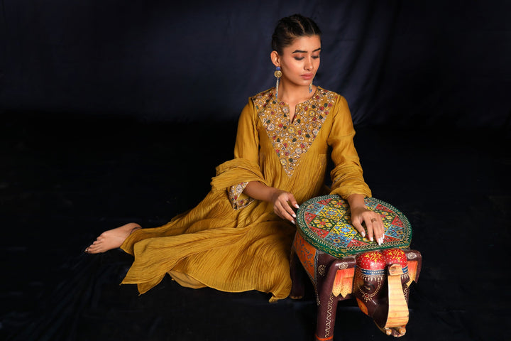 Mustard Hand Embroidered Chanderi Suit Set With Velvet Patch