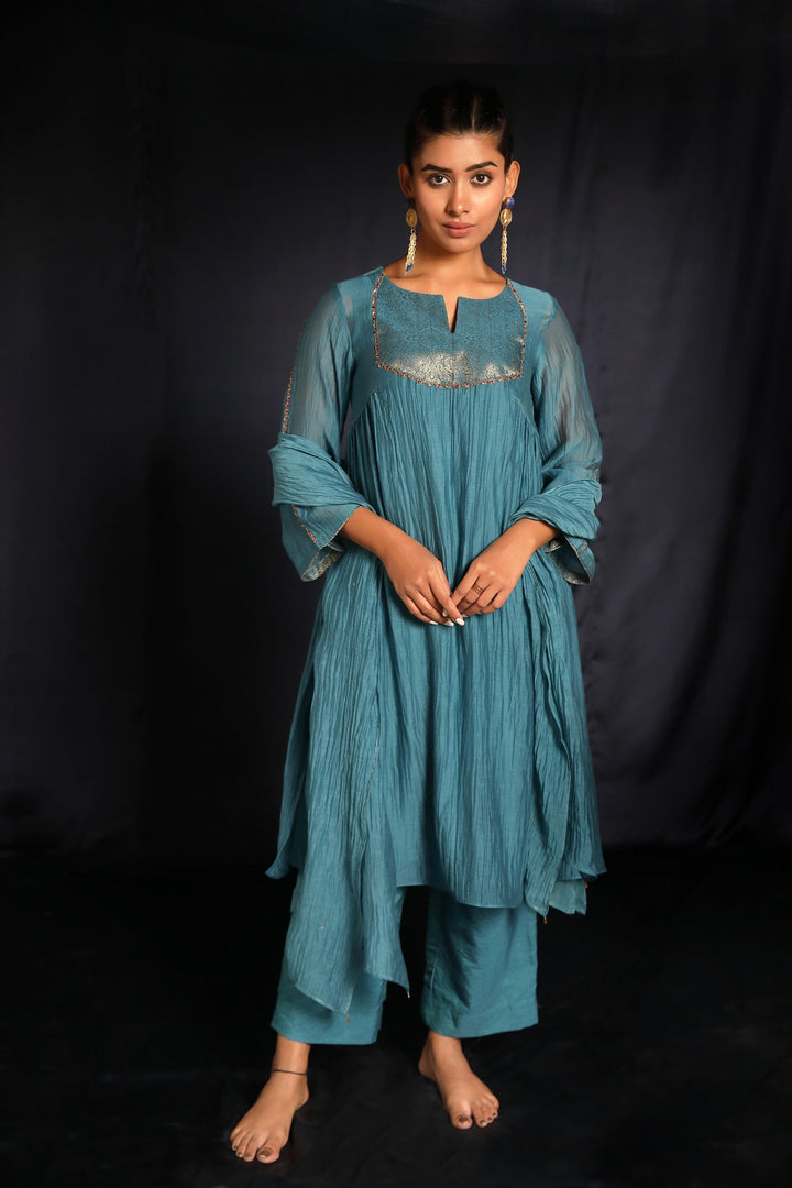 Blue Brocade Hand Embroidered Chanderi Suit Set