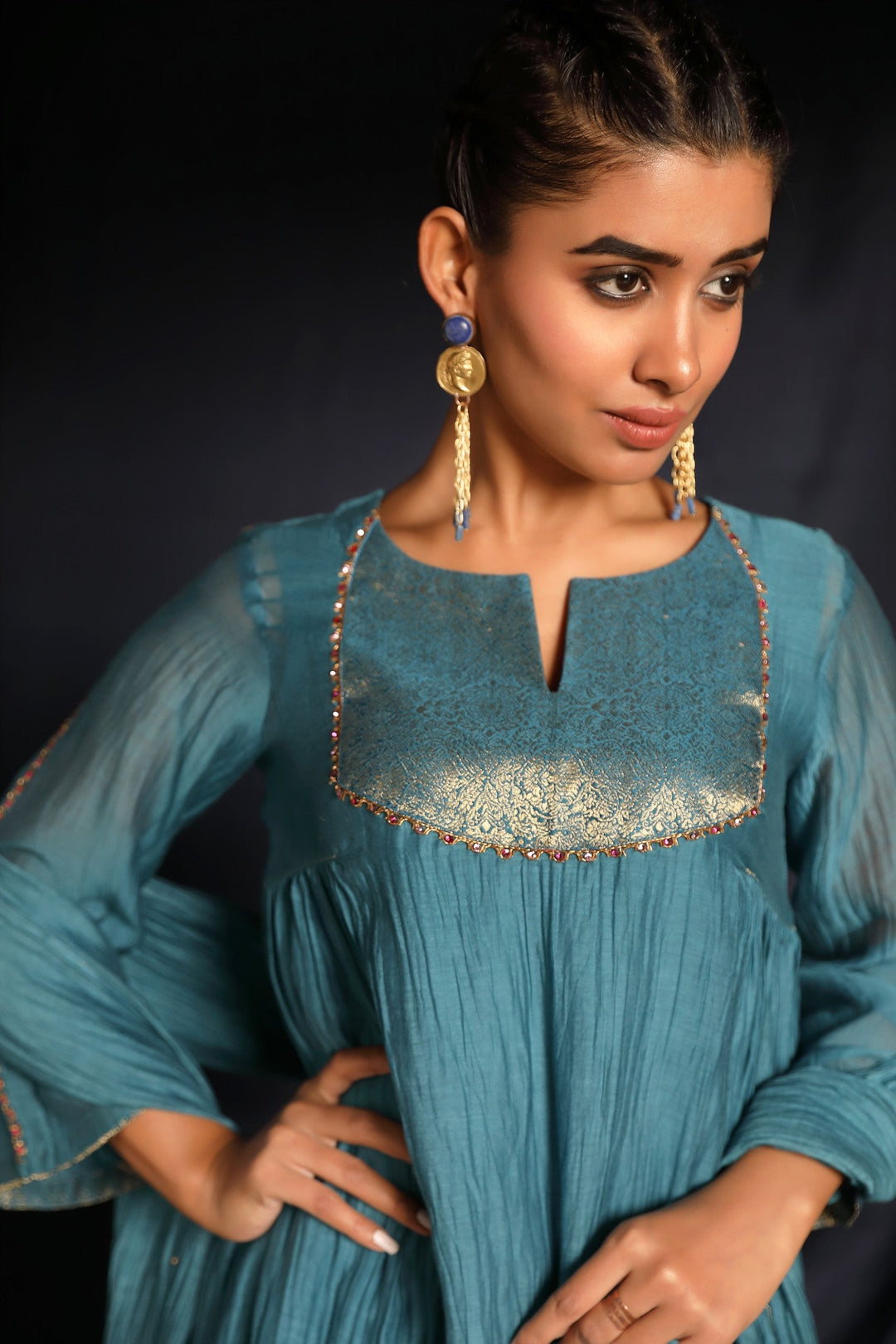 Blue Brocade Hand Embroidered Chanderi Suit Set