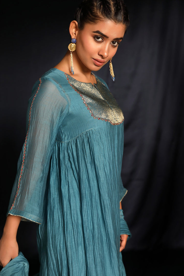 Blue Brocade Hand Embroidered Chanderi Suit Set