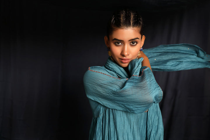 Blue Brocade Hand Embroidered Chanderi Suit Set