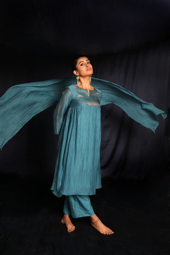 Blue Brocade Hand Embroidered Chanderi Suit Set