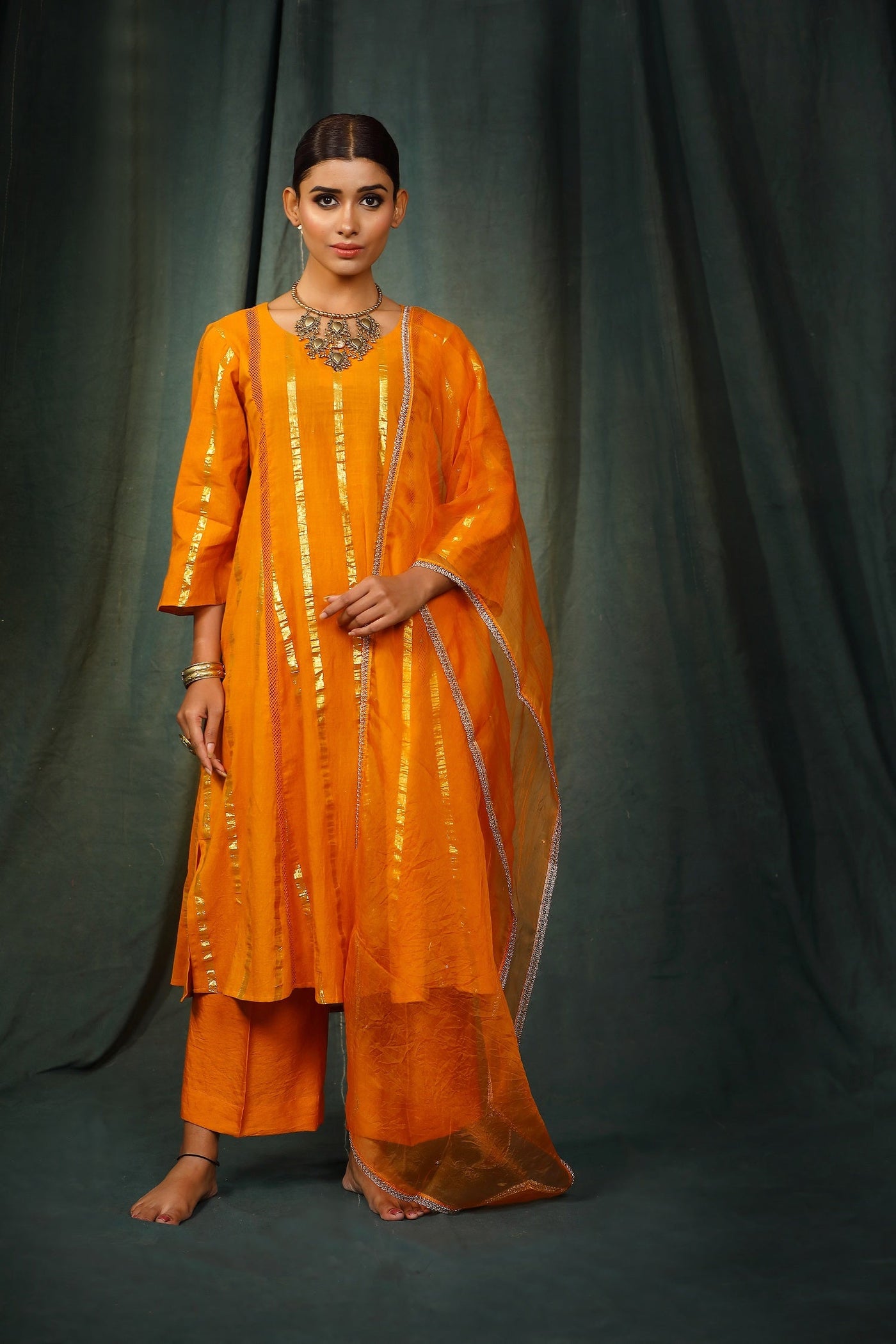Mustard Lurex Cotton Suit Set with organza dupatta