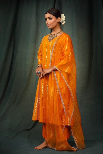 Mustard Lurex Cotton Suit Set with organza dupatta