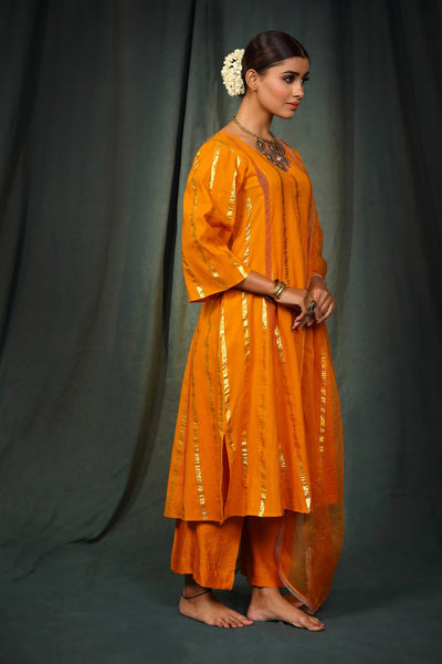 Mustard Lurex Cotton Suit Set with organza dupatta