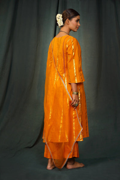 Mustard Lurex Cotton Suit Set with organza dupatta