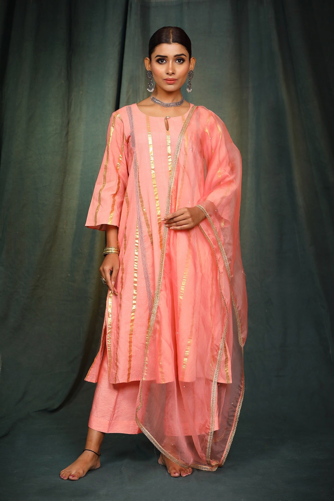 Peach Lurex Cotton Suit Set with organza dupatta