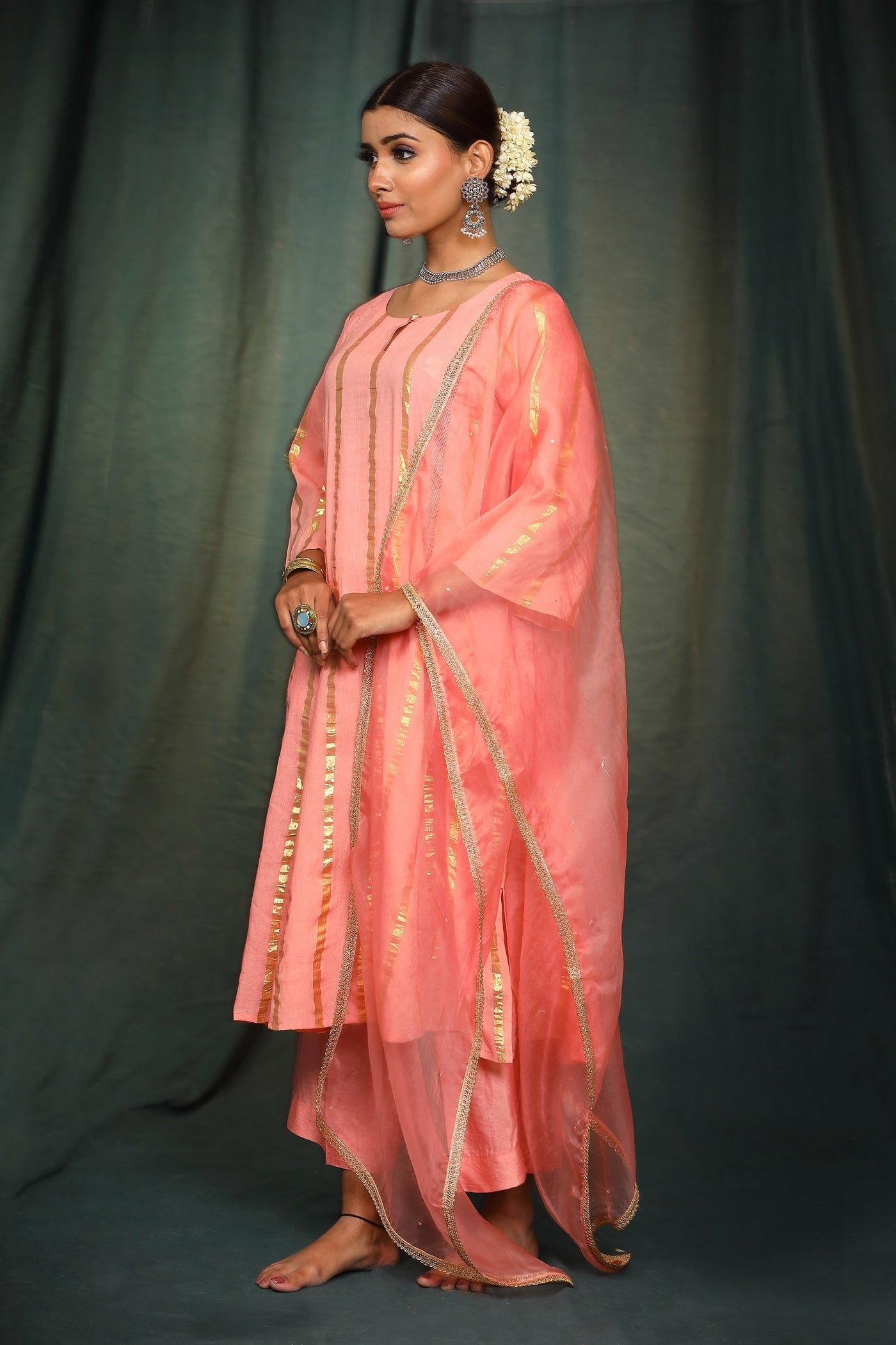 Peach Lurex Cotton Suit Set with organza dupatta