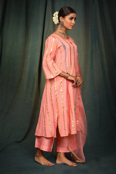 Peach Lurex Cotton Suit Set with organza dupatta