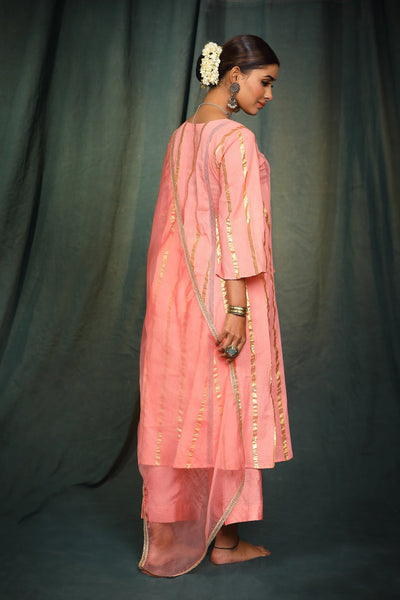 Peach Lurex Cotton Suit Set with organza dupatta