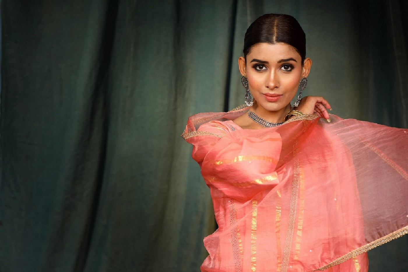 Peach Lurex Cotton Suit Set with organza dupatta
