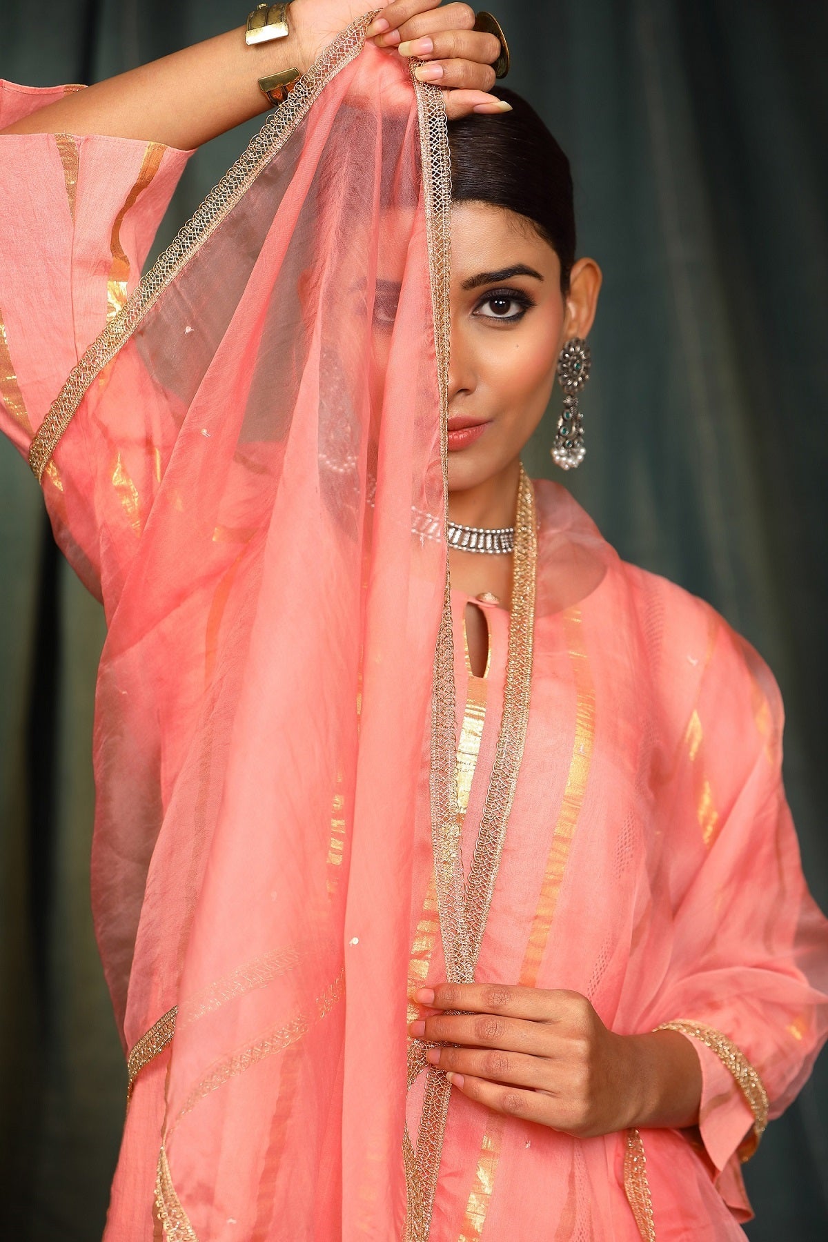 Peach Lurex Cotton Suit Set with organza dupatta