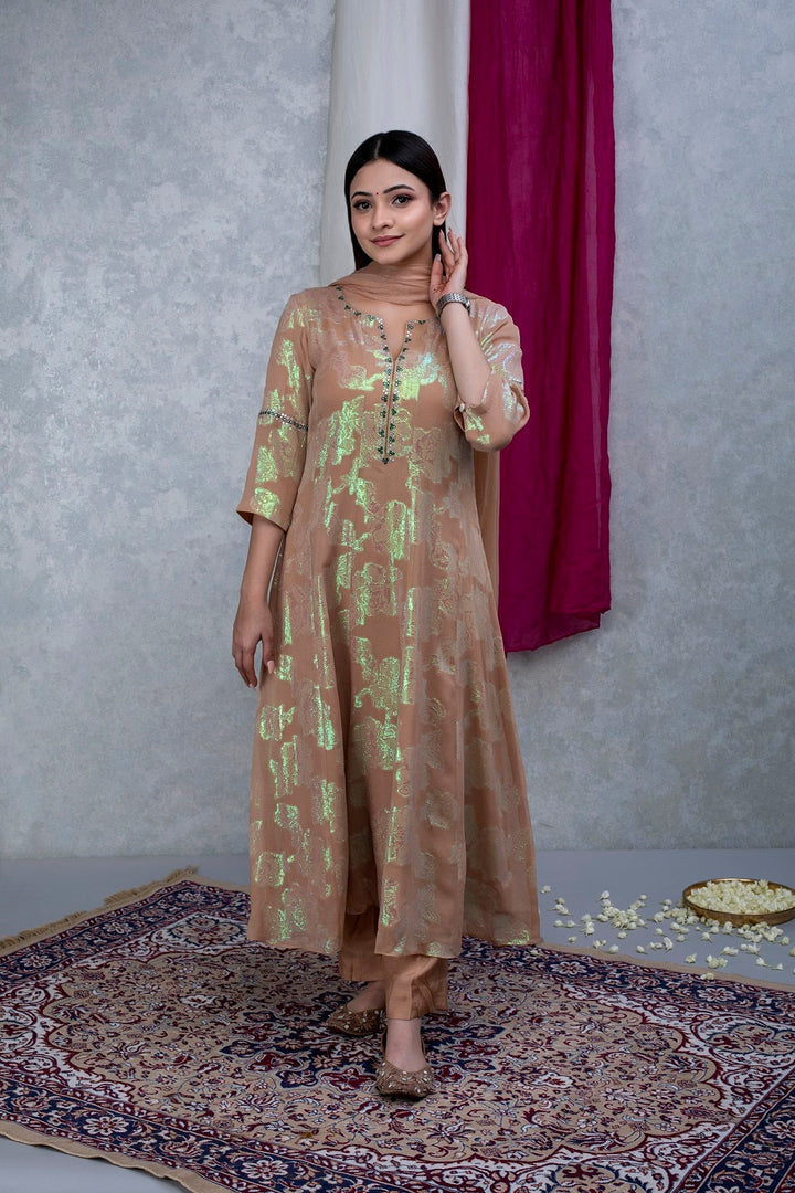 Beige Green Hand Embroidered Georgette Suit Set
