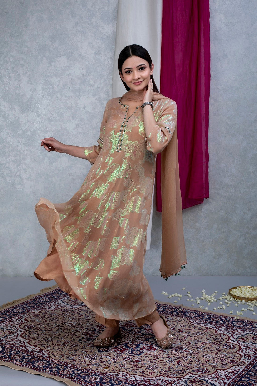 Beige Green Hand Embroidered Georgette Suit Set
