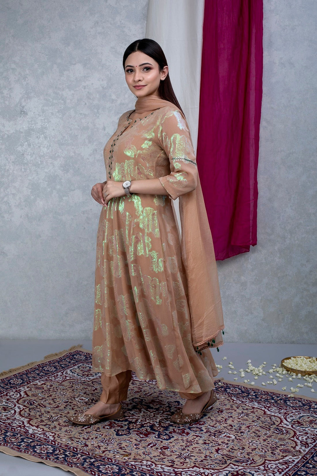 Beige Green Hand Embroidered Georgette Suit Set