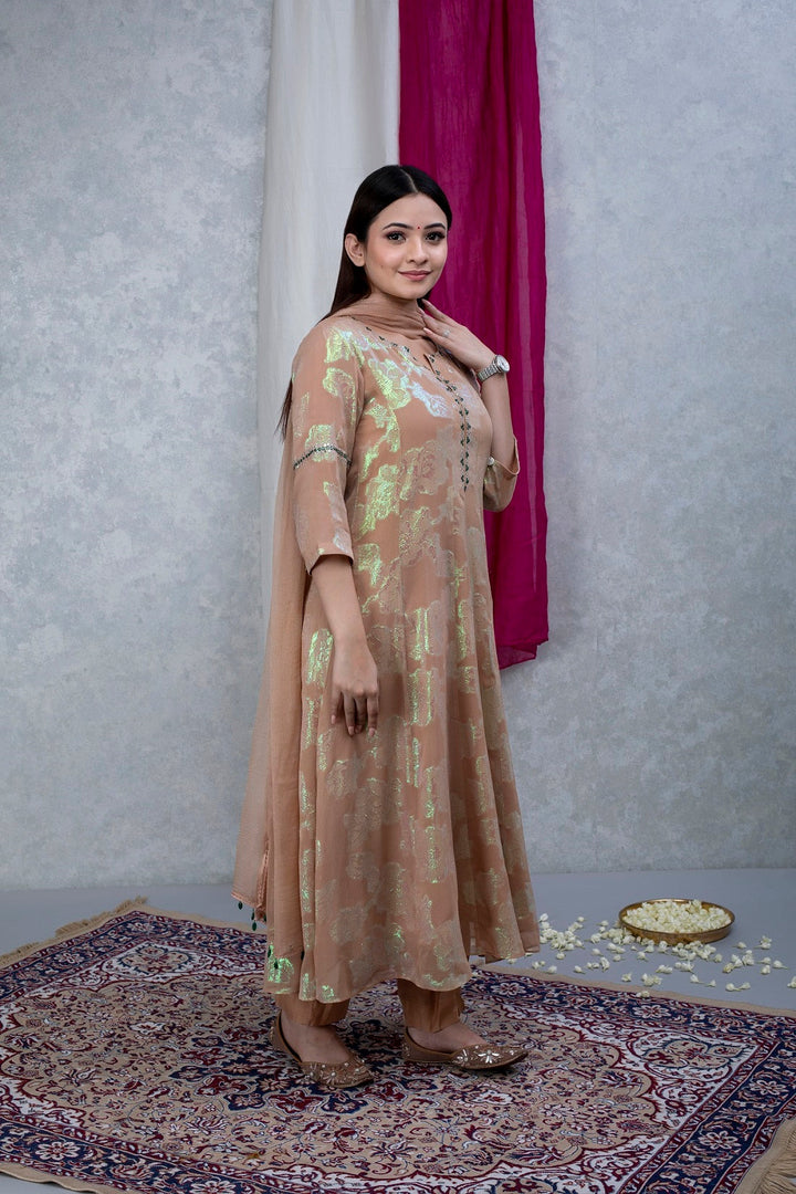 Beige Green Hand Embroidered Georgette Suit Set