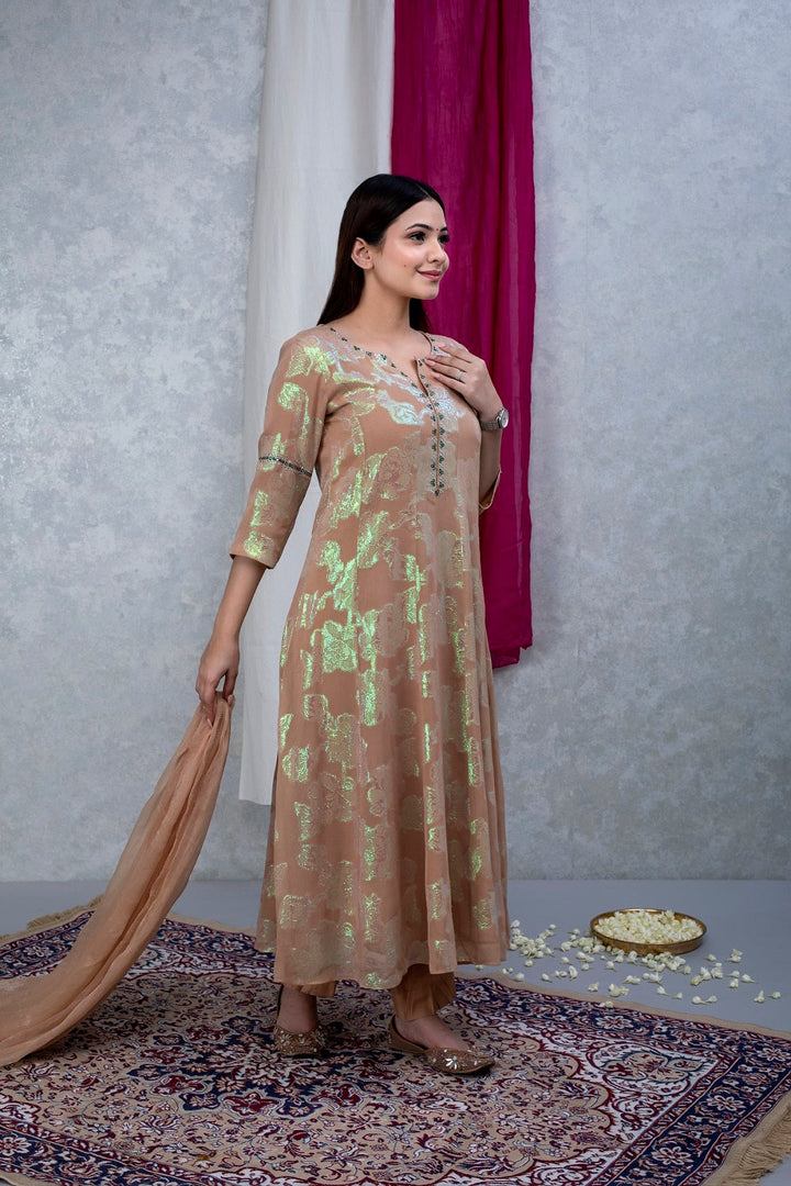 Beige Green Hand Embroidered Georgette Suit Set