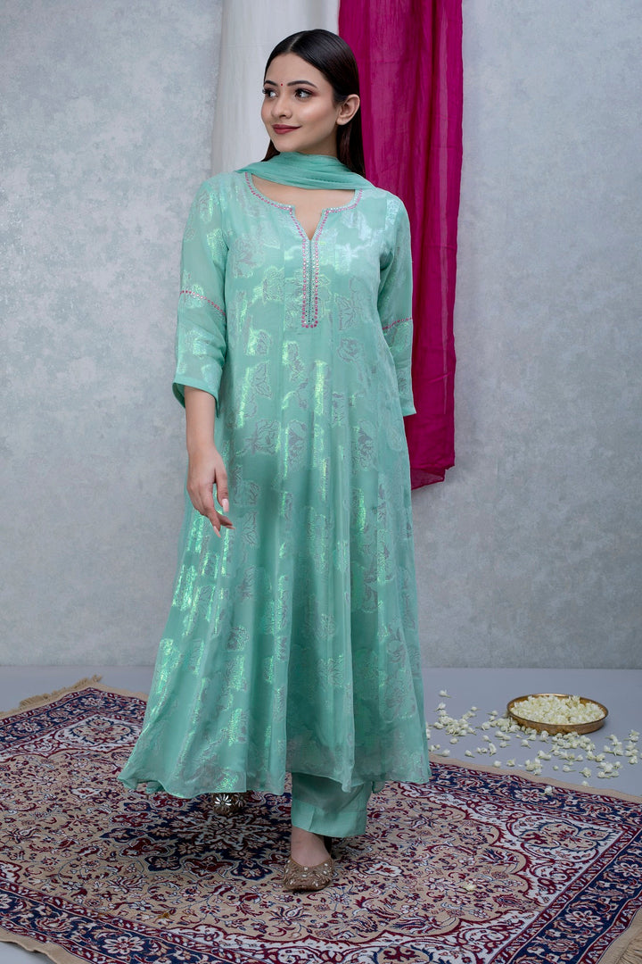 Mint Green Georgette Suit Set with Green hand Embroidery