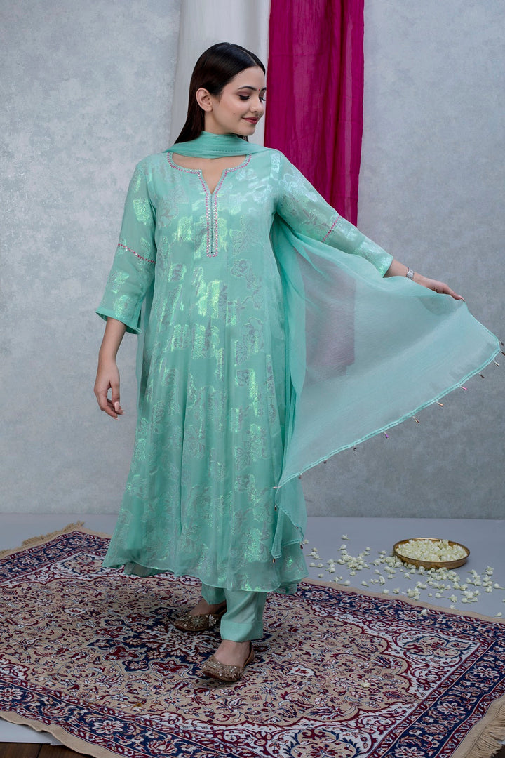 Mint Green Georgette Suit Set with Green hand Embroidery