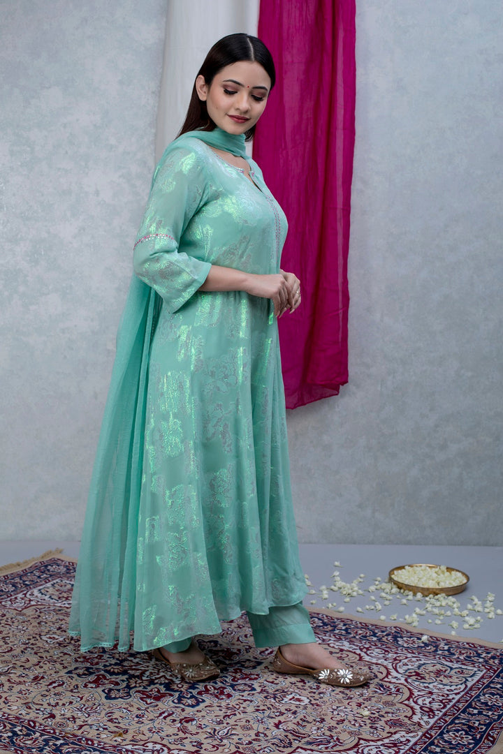 Mint Green Georgette Suit Set with Green hand Embroidery