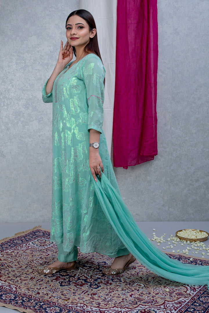 Mint Green Georgette Suit Set with Green hand Embroidery