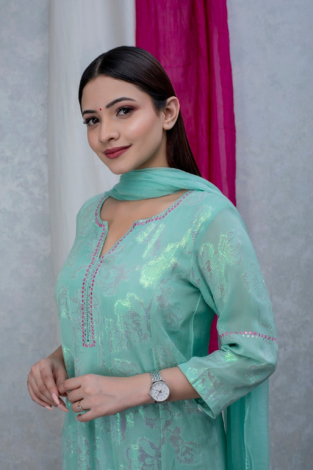 Mint Green Georgette Suit Set with Green hand Embroidery