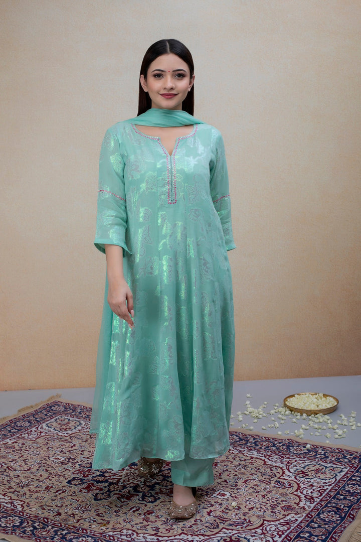 Mint Green Georgette Suit Set with Green hand Embroidery
