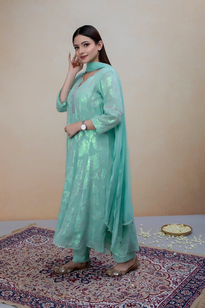 Mint Green Georgette Suit Set with Green hand Embroidery