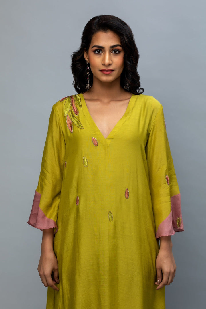 Olive Green Pink hand embroidered Kurta Set