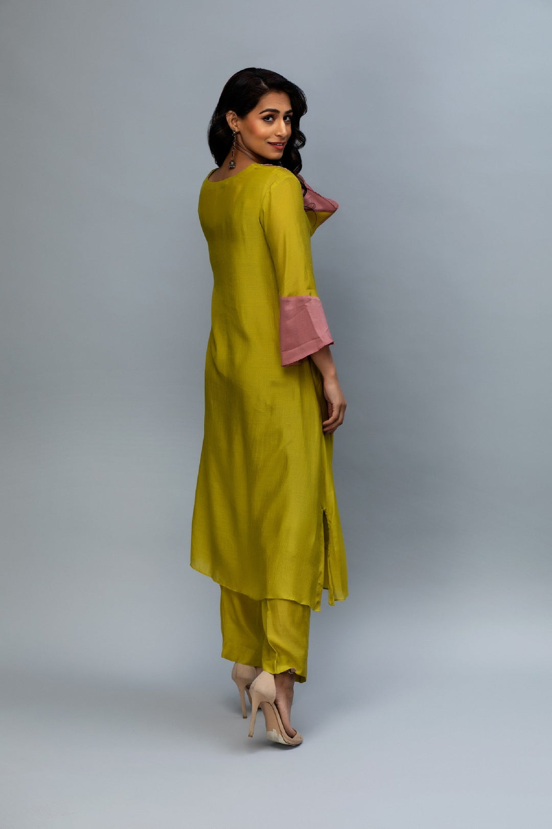 Olive Green Pink hand embroidered Kurta Set