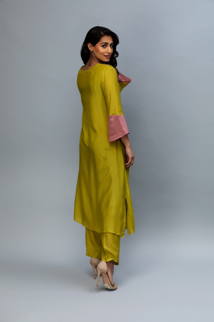 Olive Green Pink hand embroidered Kurta Set