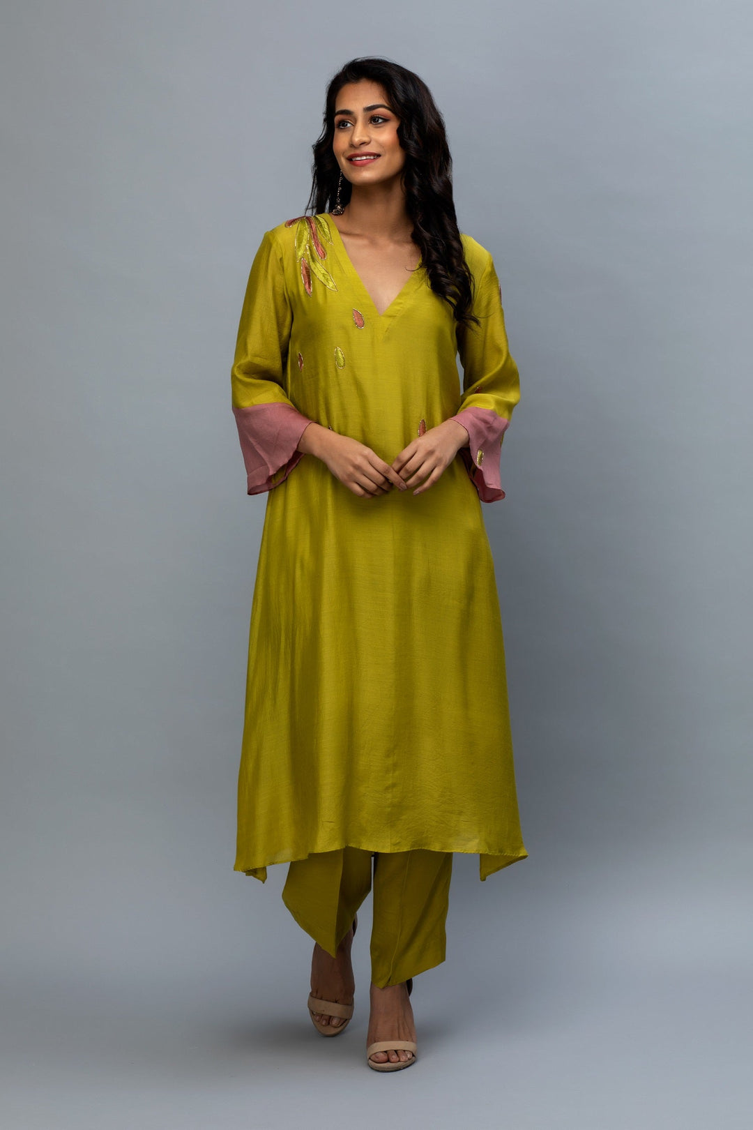 Olive Green Pink hand embroidered Kurta Set