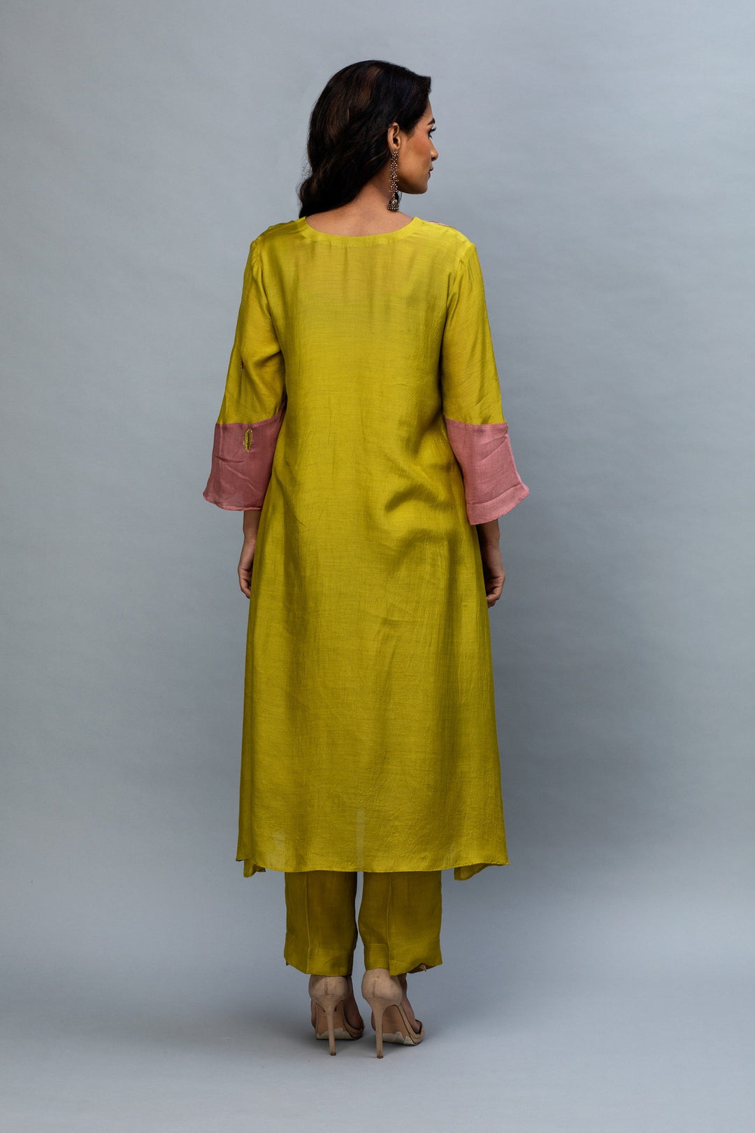 Olive Green Pink hand embroidered Kurta Set