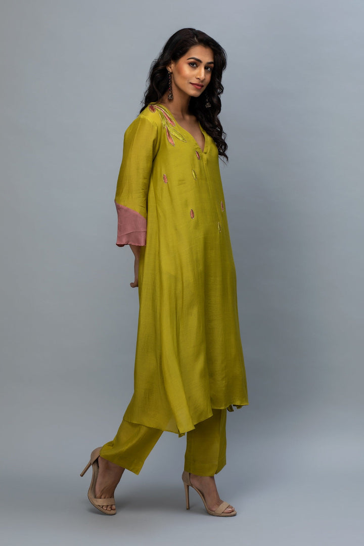 Olive Green Pink hand embroidered Kurta Set