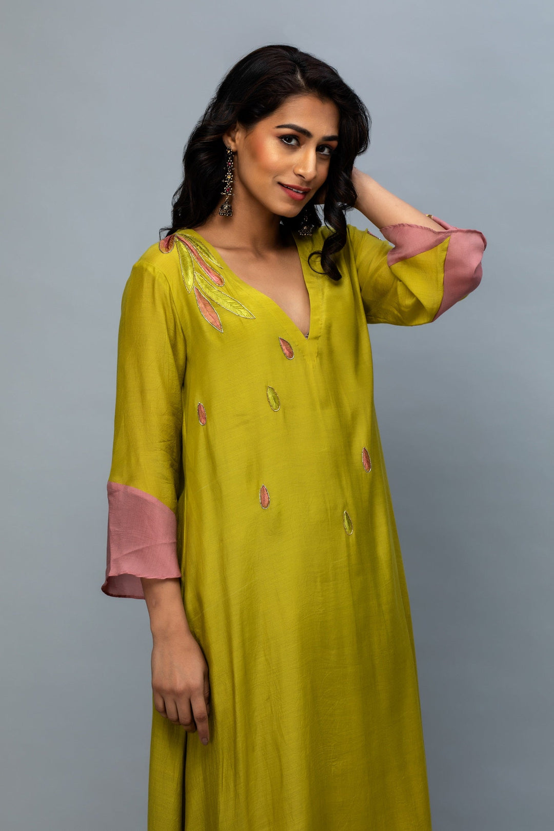 Olive Green Pink hand embroidered Kurta Set