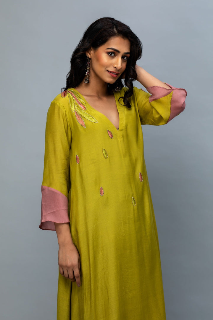 Olive Green Pink hand embroidered Kurta Set