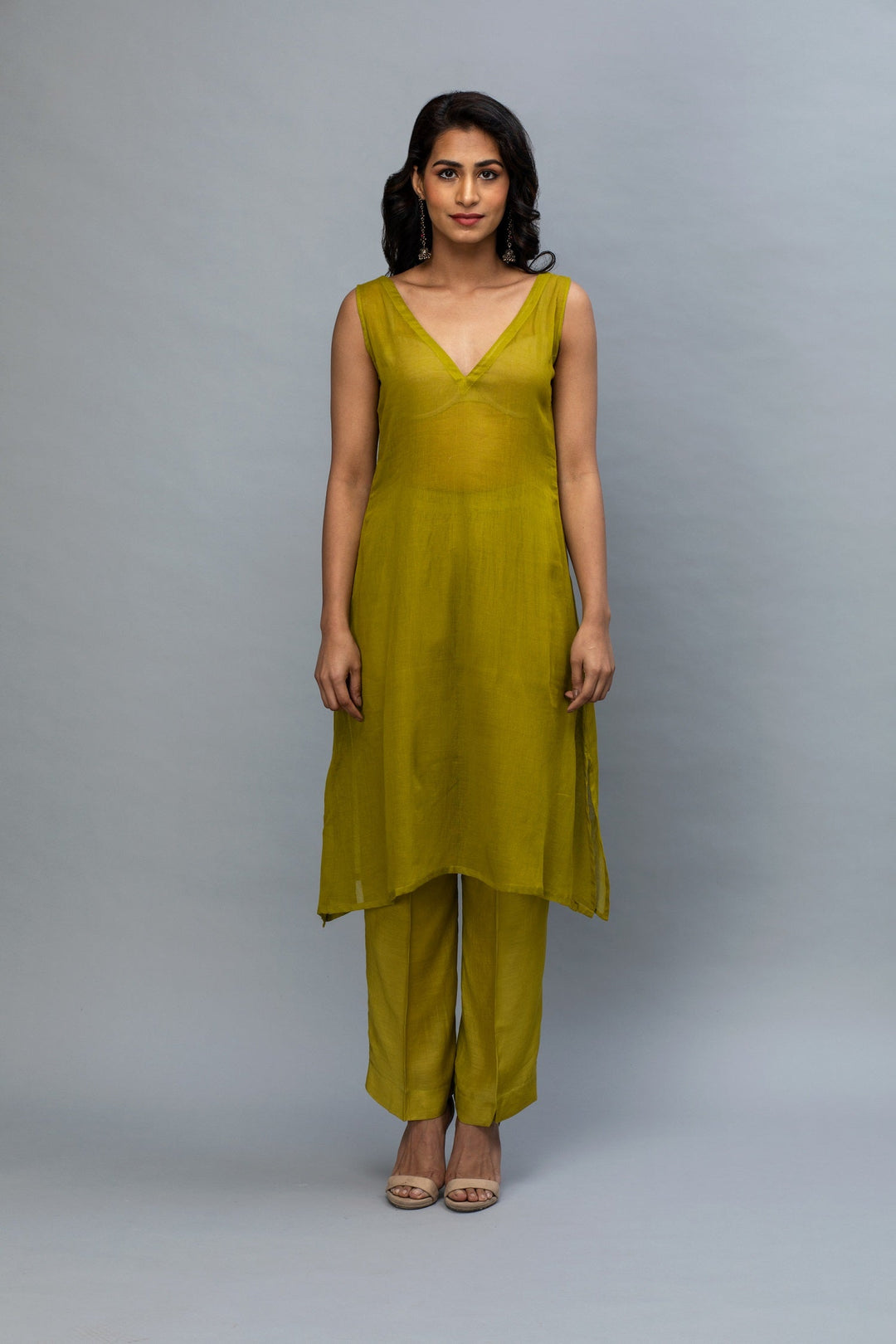 Olive Green Pink hand embroidered Kurta Set