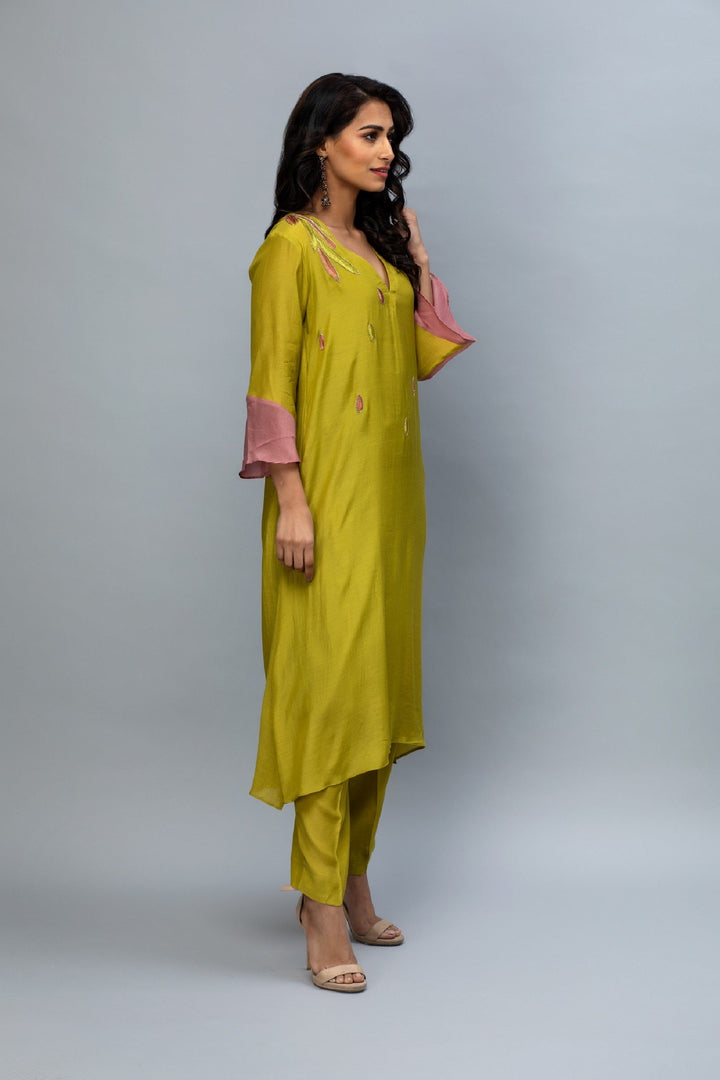 Olive Green Pink hand embroidered Kurta Set