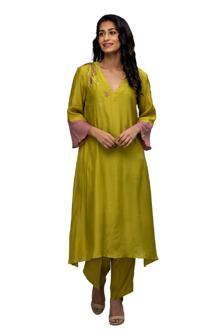 Olive Green Pink hand embroidered Kurta Set