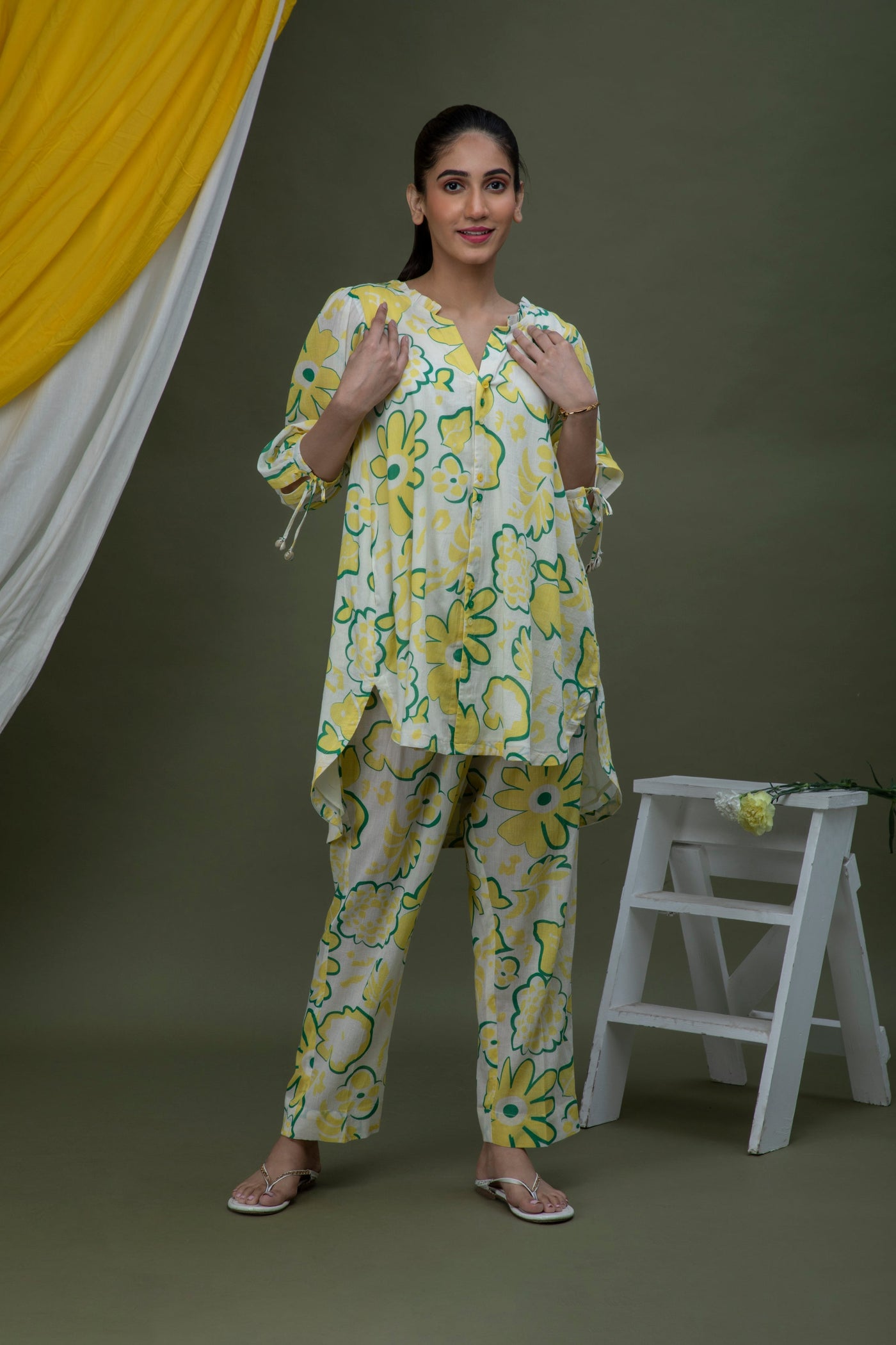 White and Yellow Coord Set Cotton